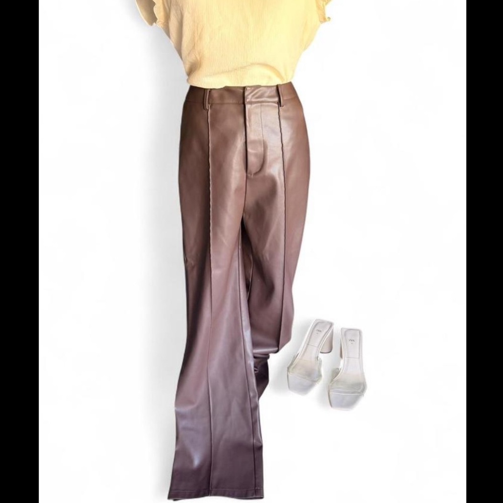 Brown Faux Leather High-Waist Pants